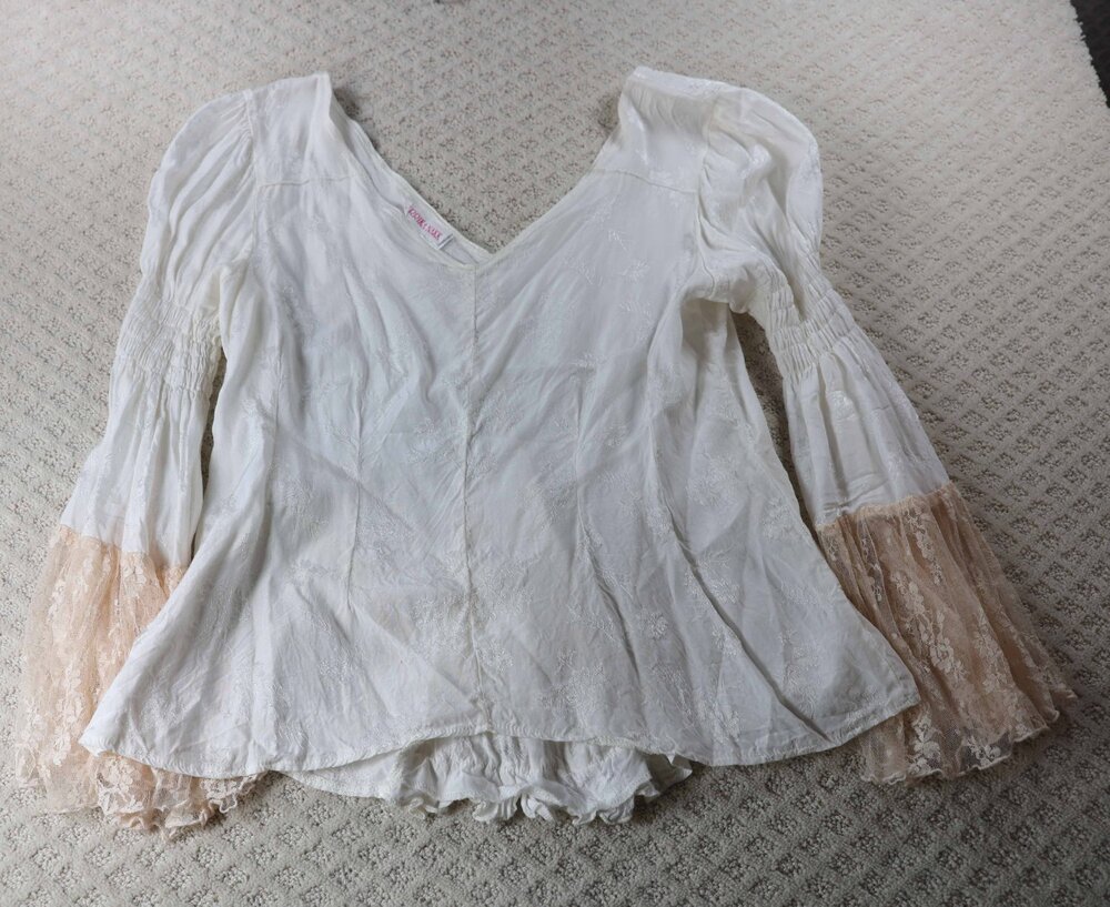Marrika Nakk Vintage Boho Fairy Romantic Jacquard Bell Sleeve Lace Blouse Size L